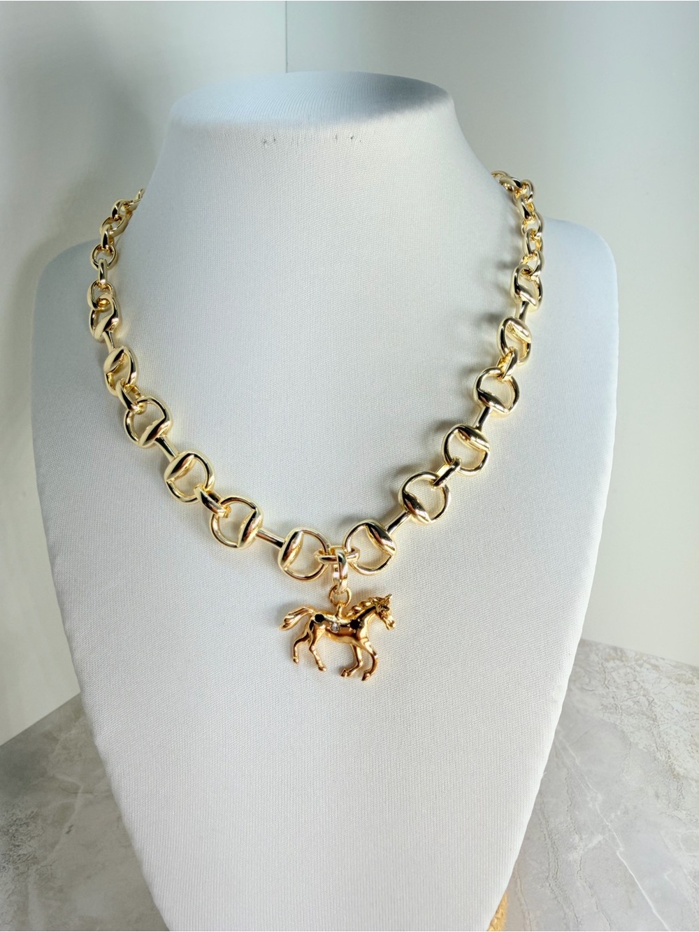 Gold Dipped horsebit necklace with a horse charm pendant #horsebit #equestrian